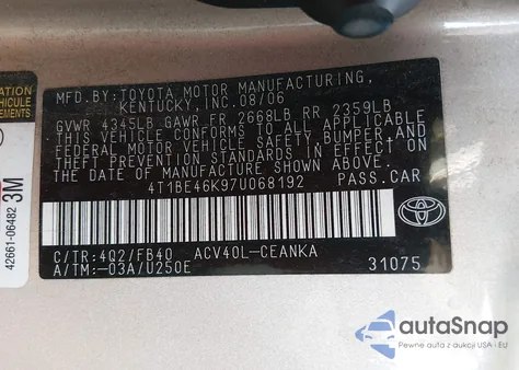 2007 Toyota Camry Le z USA, uszkodzony, nr VIN 4T1BE46K97U068192